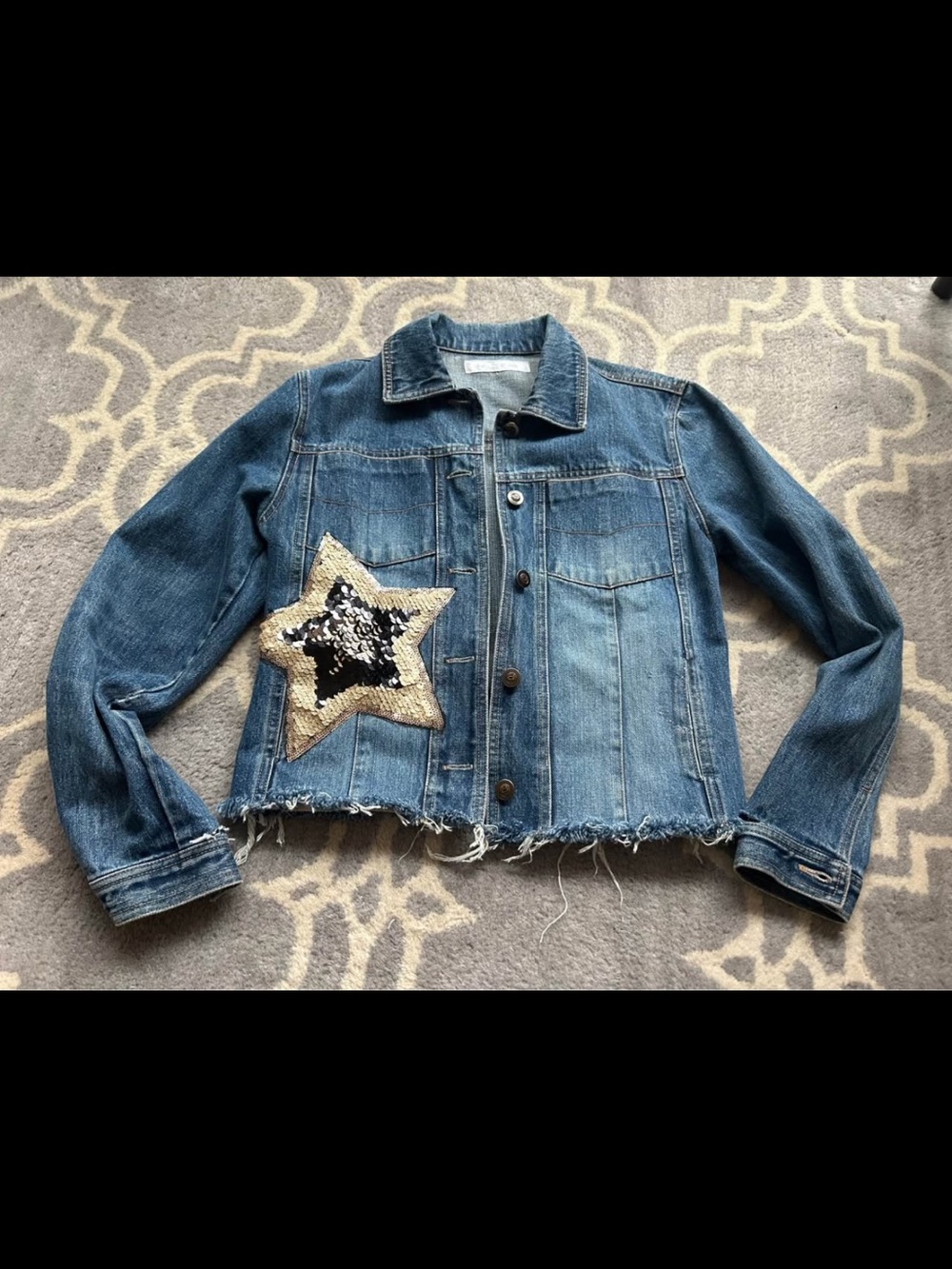 Hello, COUTURE Sequin Star Cropped Blue Denim Jacket Size S